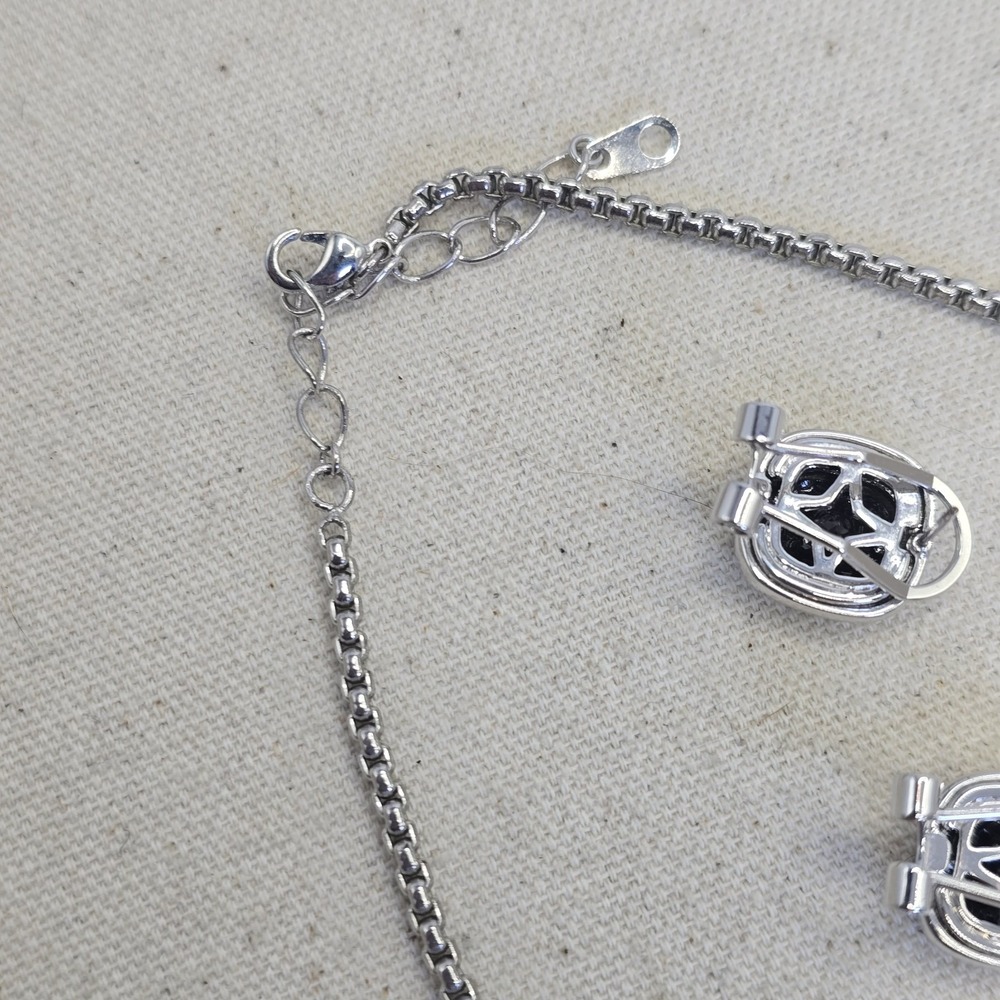 Silver Tone Black Faceted Stone Necklace & Pierced Earrings Set Gold Tone Accent - Picture 9 of 13